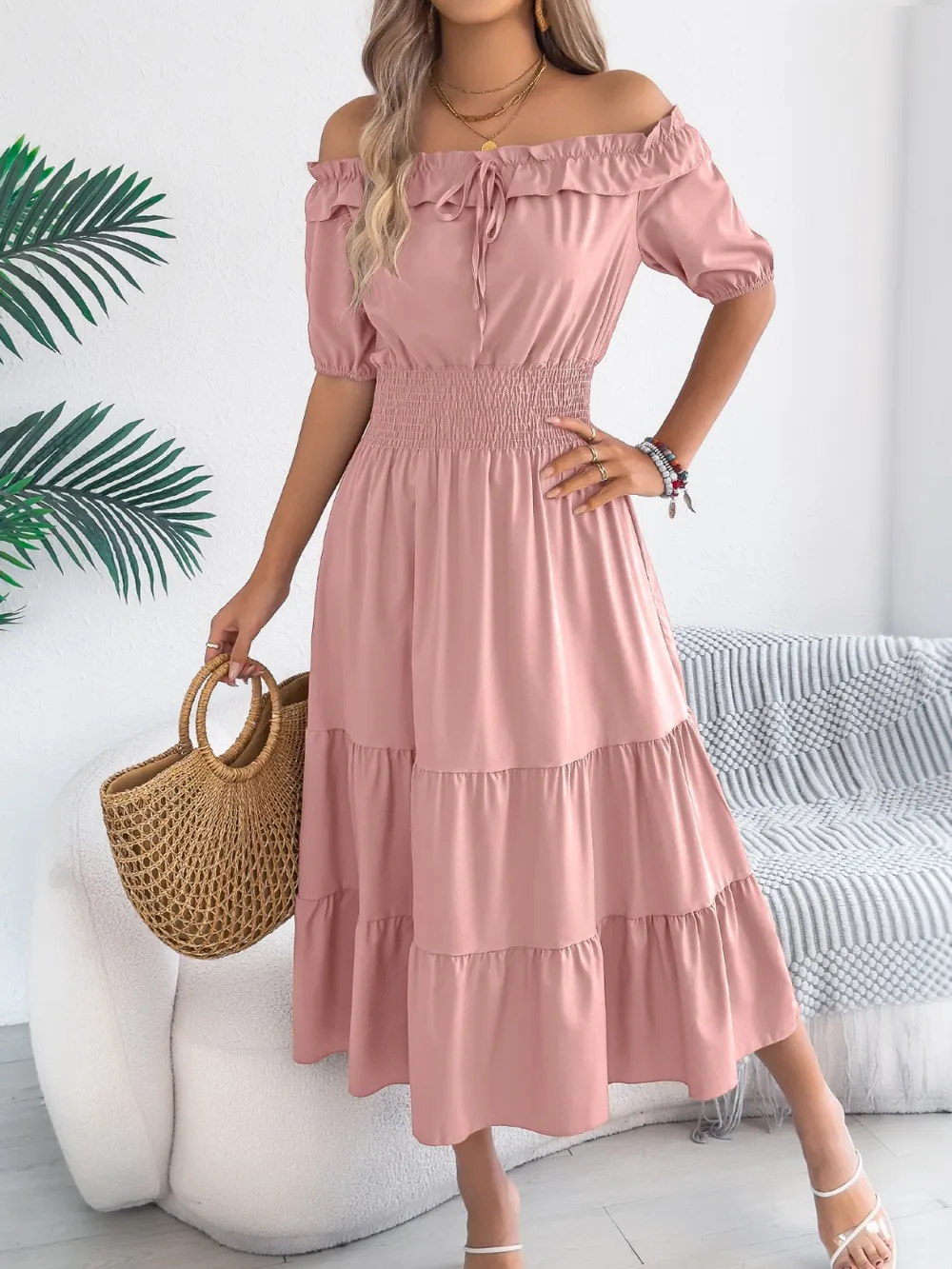 Smocked Off-Shoulder Tiered Dress, image 6