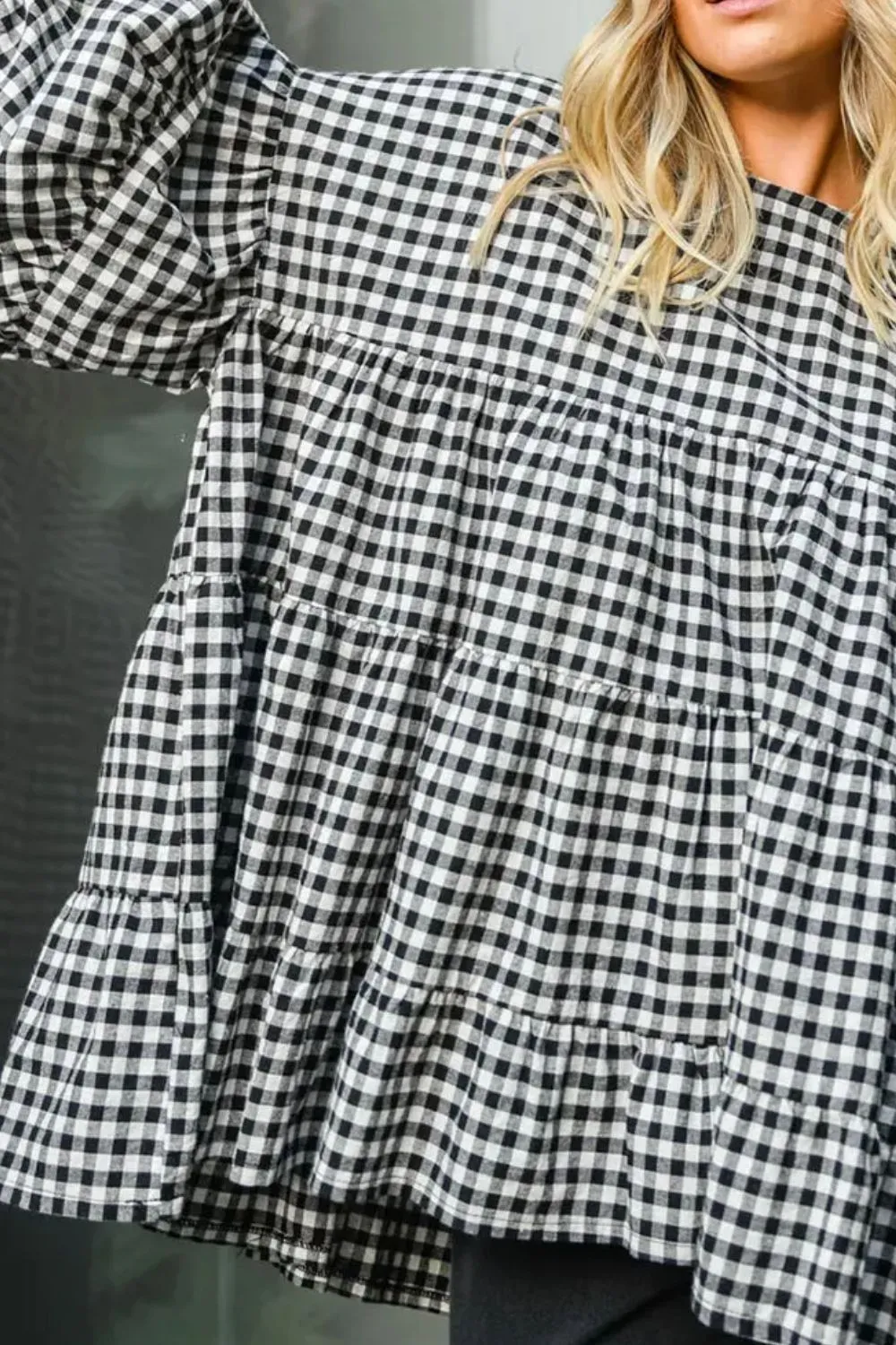 Tiered Plaid Round Neck Long Sleeve Blouse, image 2