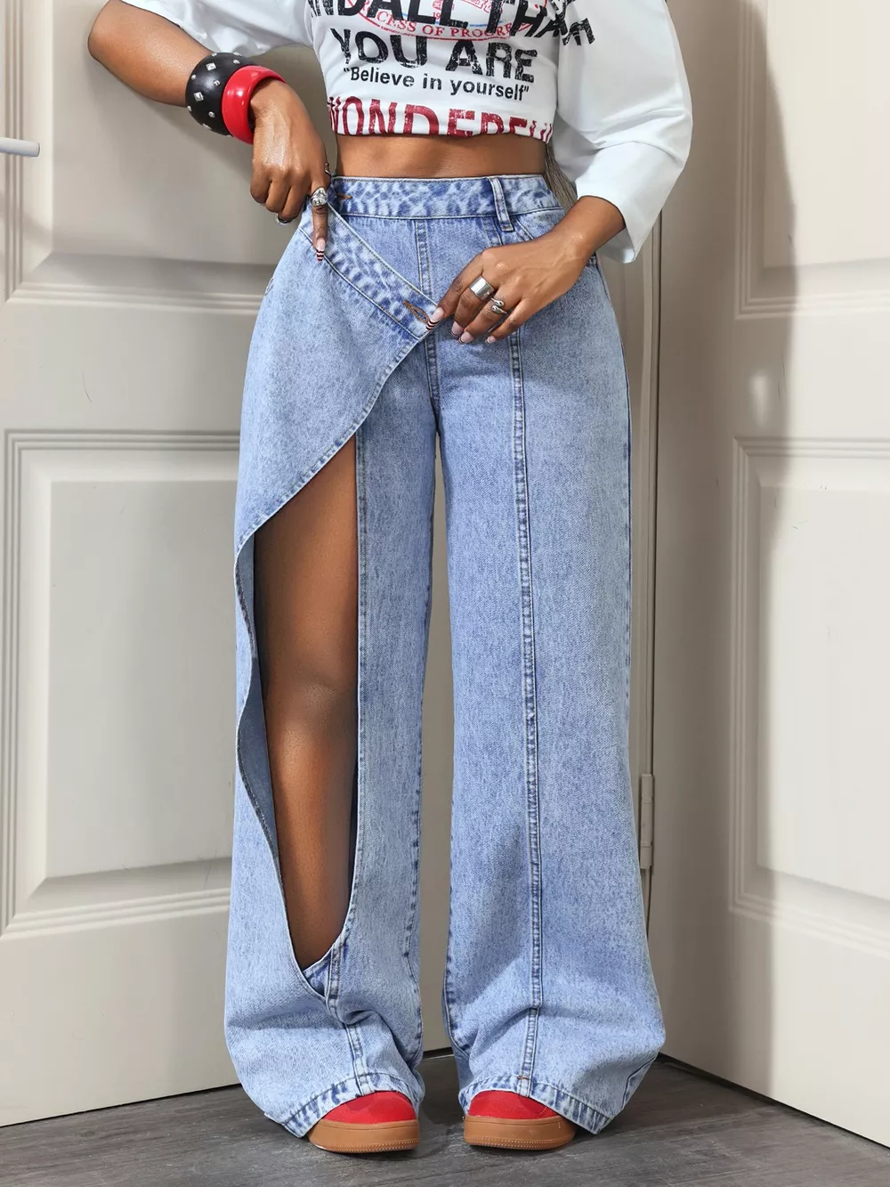 High-Waisted Asymmetric Wrap Wide-Leg Jeans, image 4