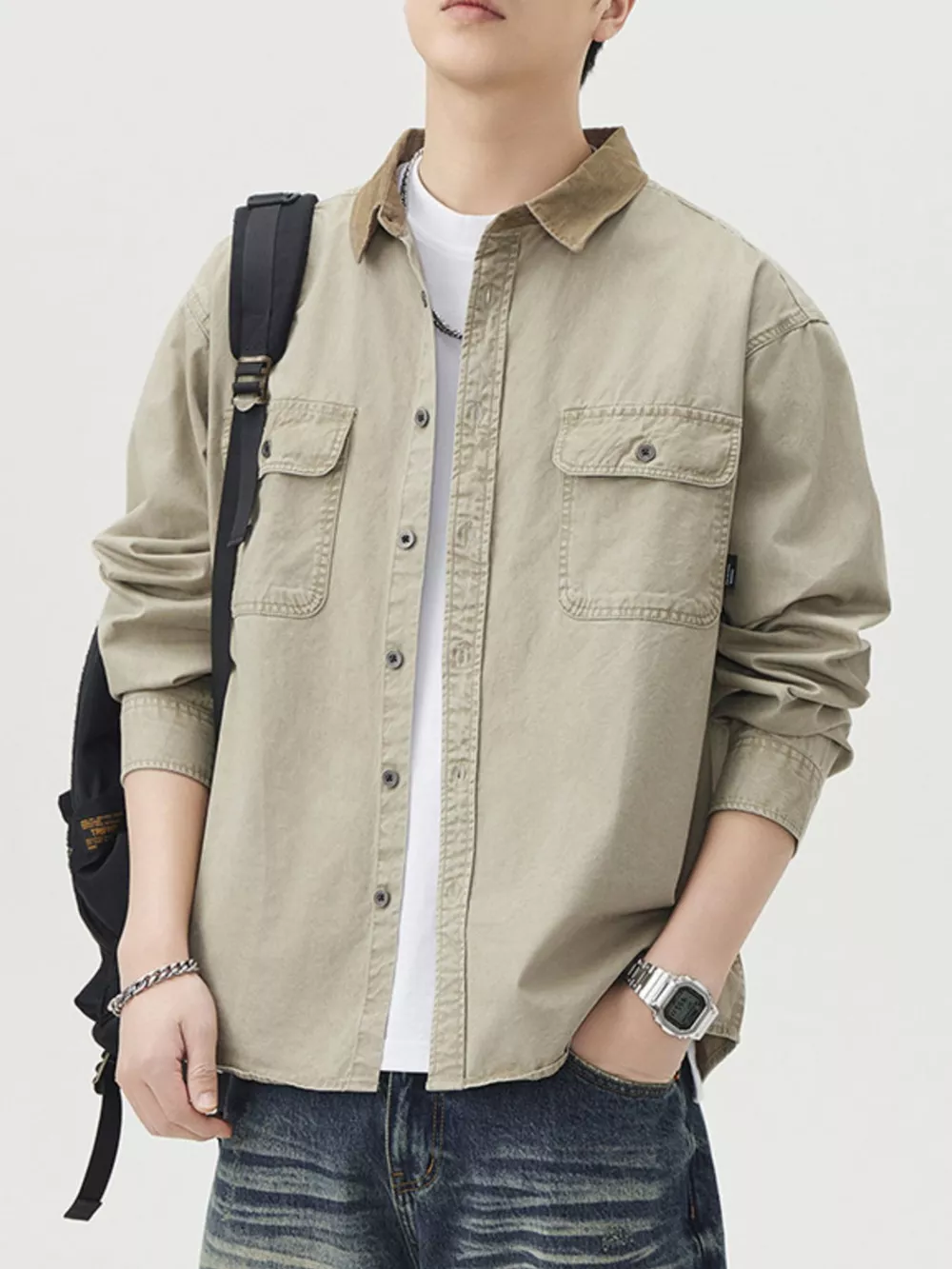 Men's Plus Size Button Up Shacket with Dual Chest Pockets, image 6