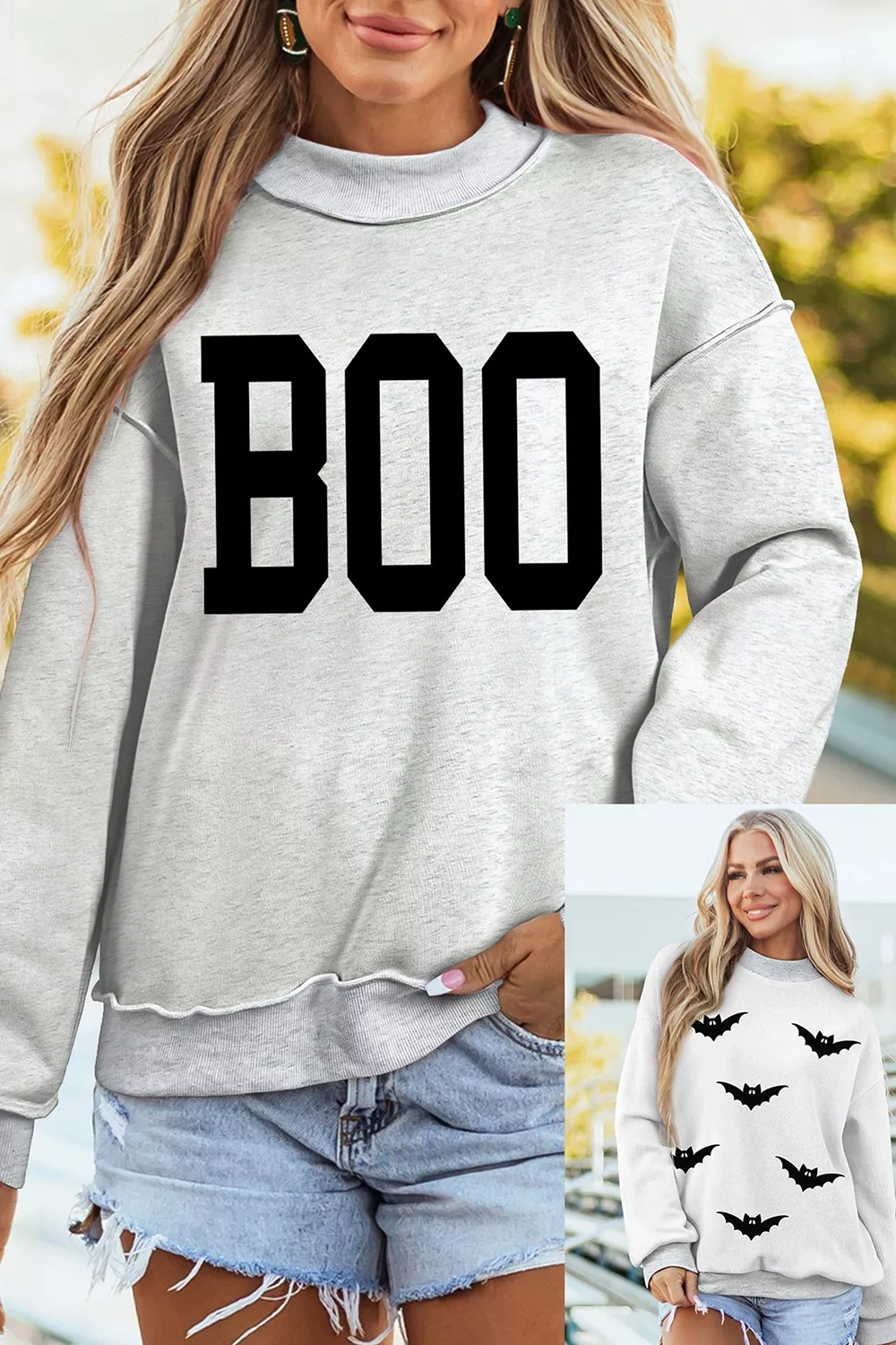 Halloween BOO & Bat Printed Reversible Mock Neck Sweatshirt, image 4
