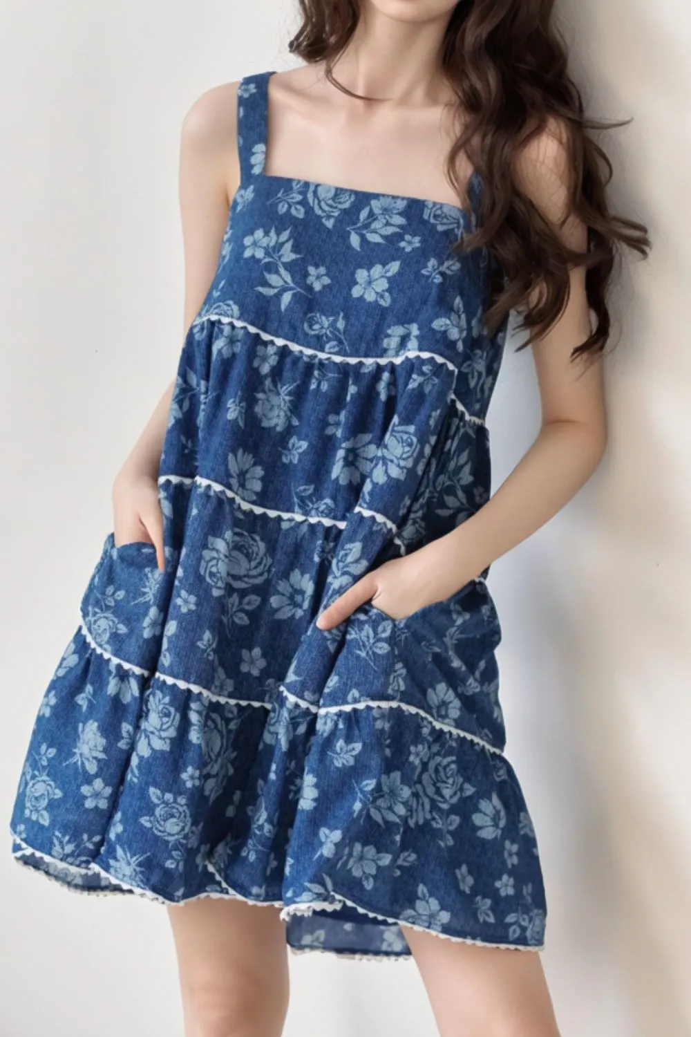 Floral Tiered Square Neck Denim Dress, image 2