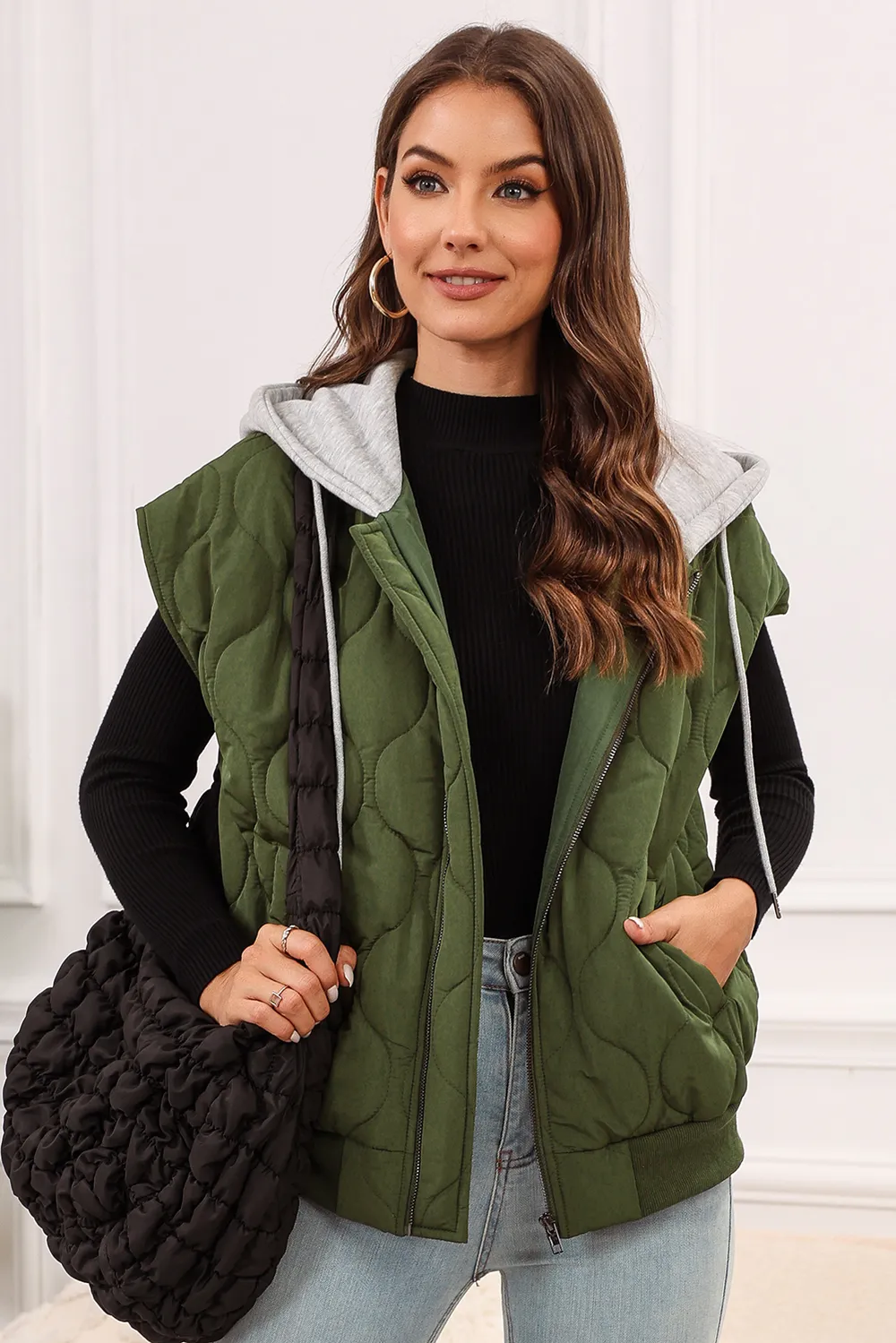 Drawstring Zip Up Hooded Vest Coat, image 3