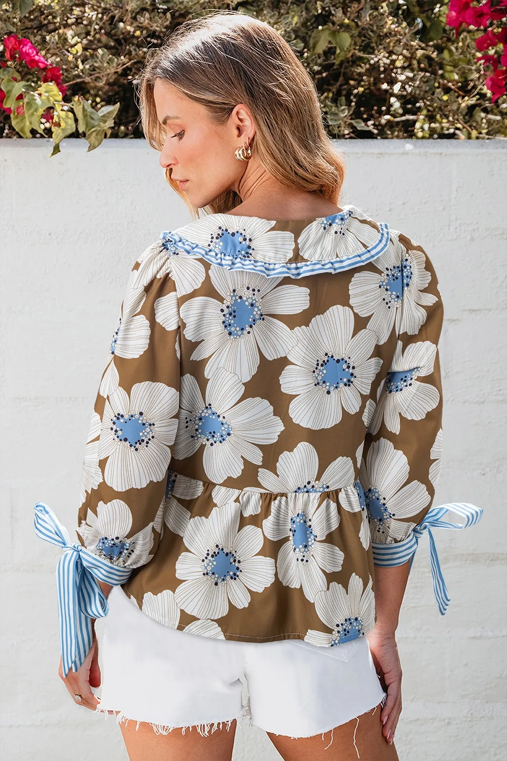 Floral Print Striped Tie Sleeve Blouse, image 6