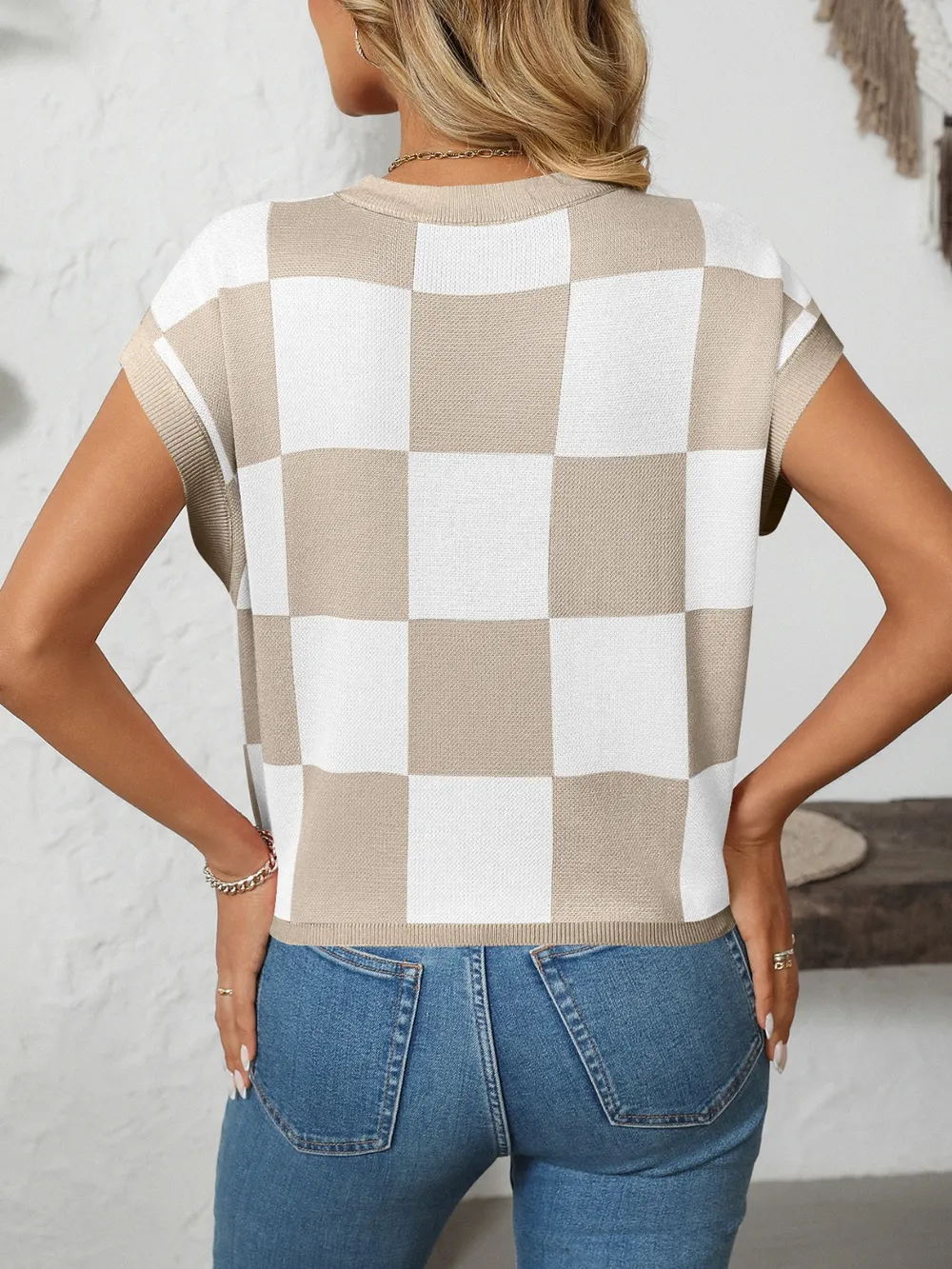 Checkered Round Neck Cap Sleeve Knit Top, image 15