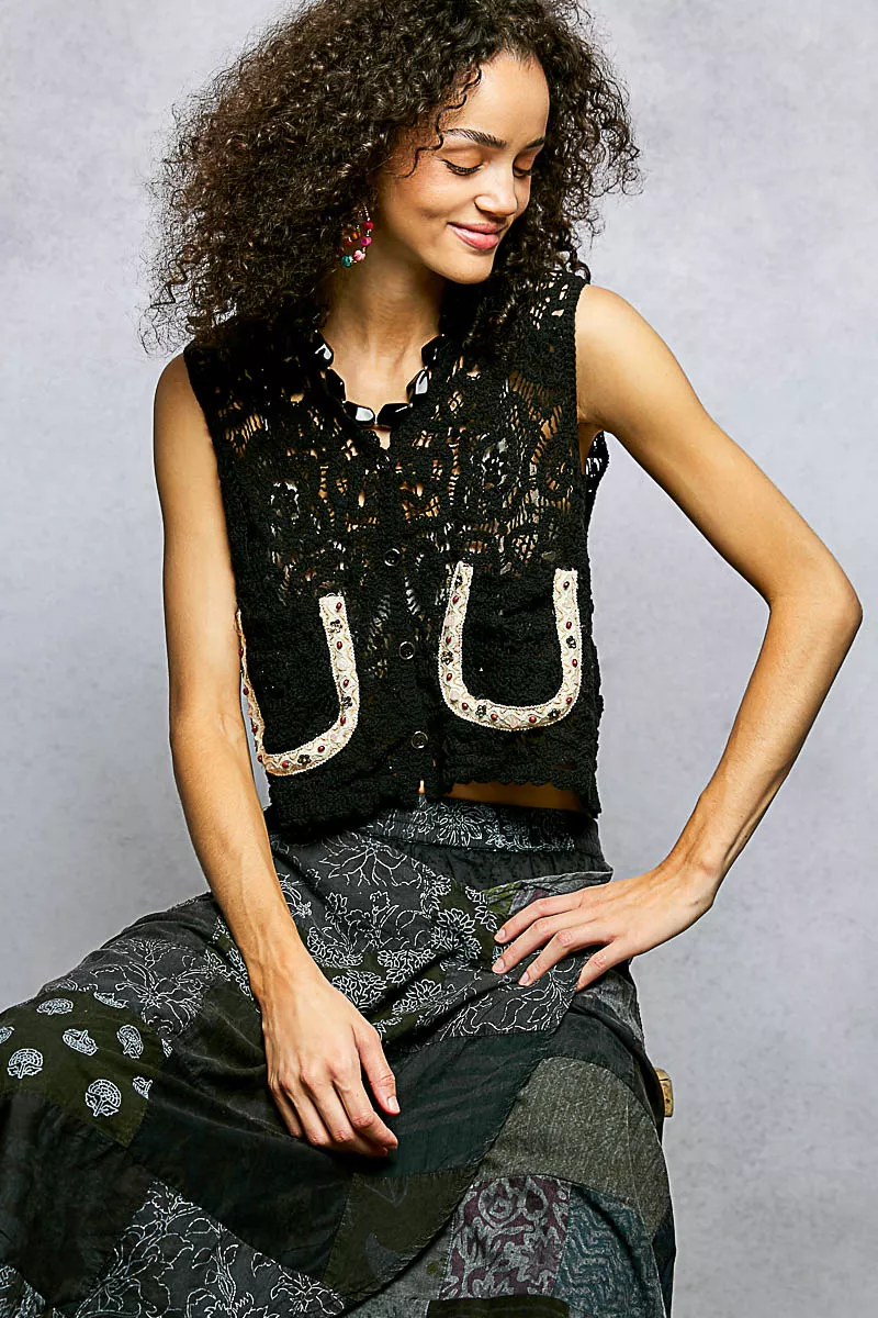 Button Down Cropped Crochet Vest with Scalloped Edge, image 3
