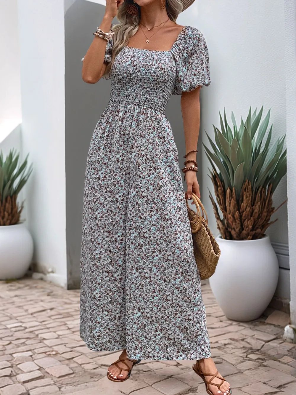 Ditsy Floral Smocked Square Neck Puff Sleeve Jumpsuit, image 5
