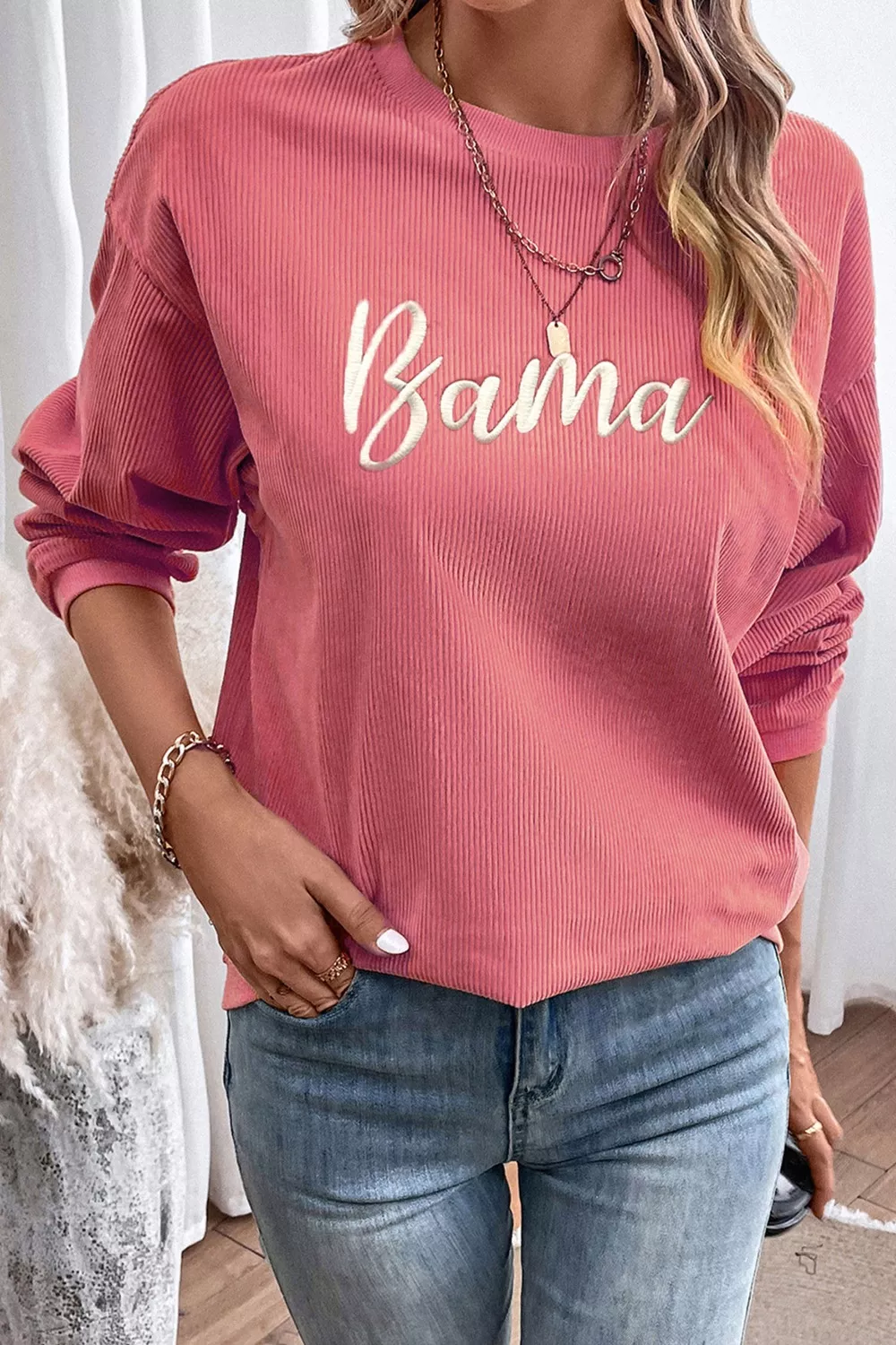 Corded Ribbed Bama Embroidered Letter Graphic Sweatshirt, image 4