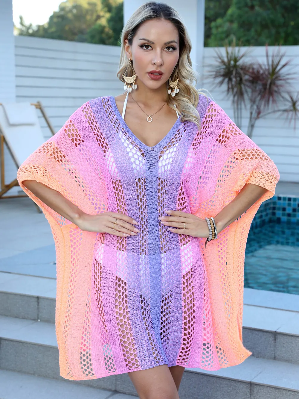 Openwork Contrast V-Neck Cover-Up, image 6
