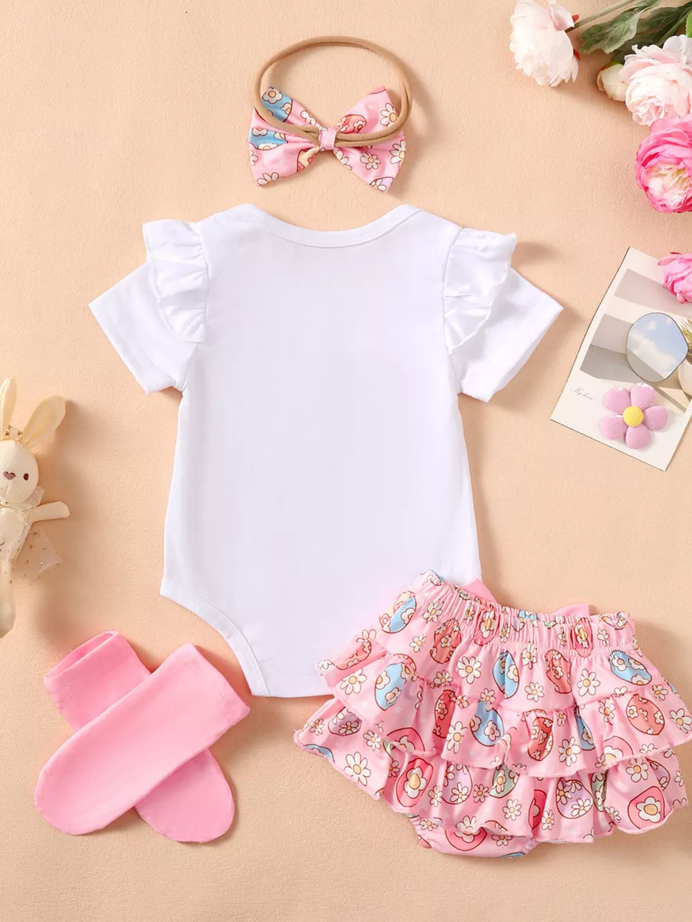 Children's Ruffled Trim Bodysuit and Skirt Set with Headband, image 8