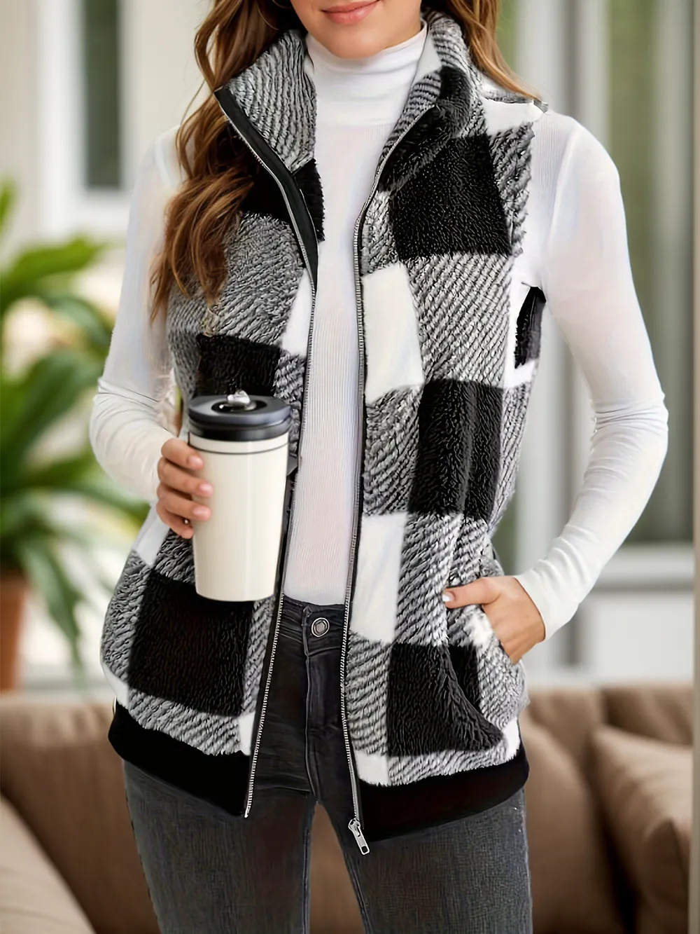 Pocketed Plaid Zip Up Vest Coat, image 2