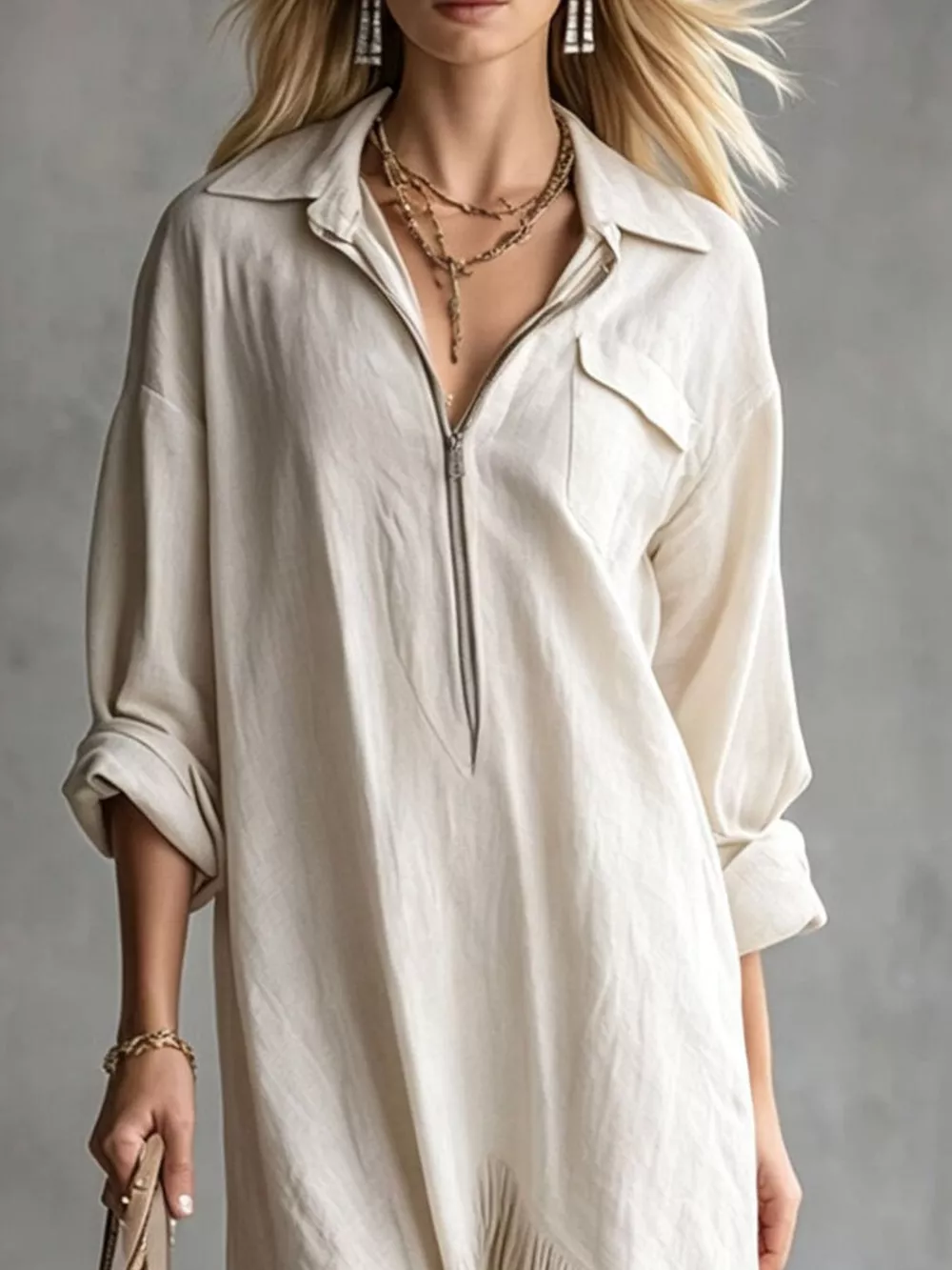 Zipper-Front Fringe Hem Midi Dress, image 3