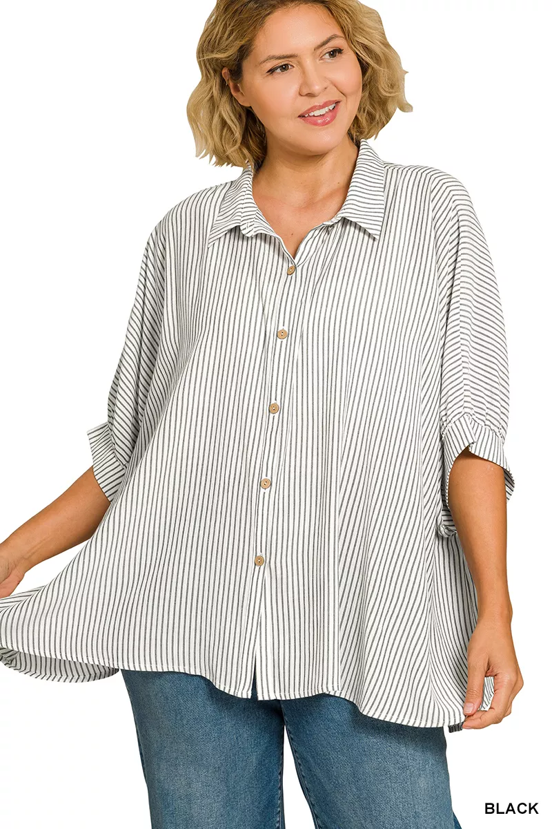 Full Size Woven Stripe Button Down Boxy Shirt Plus Size, image 3