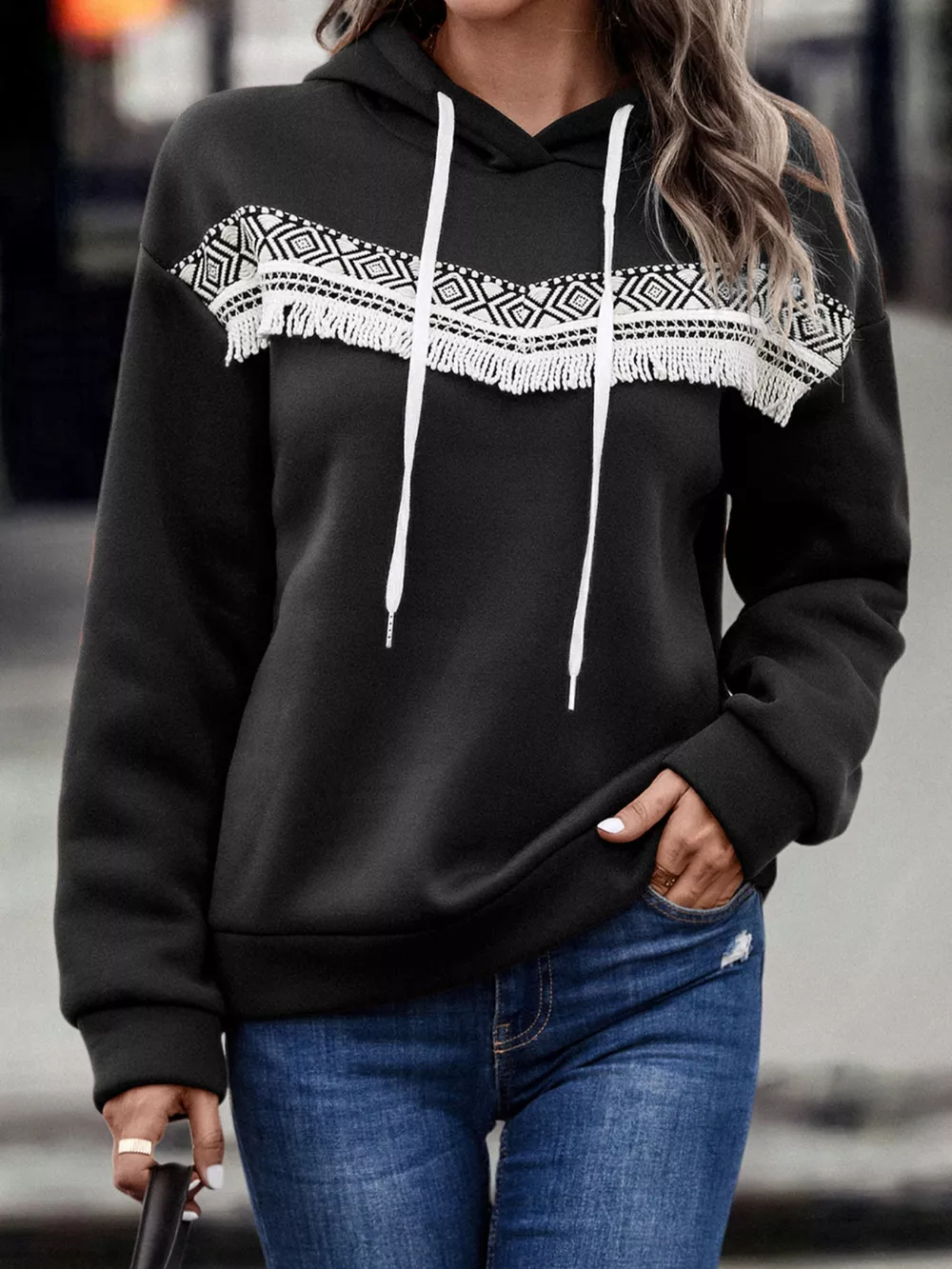 Fringe Detail Long Sleeve Drawstring Hoodie, image 7
