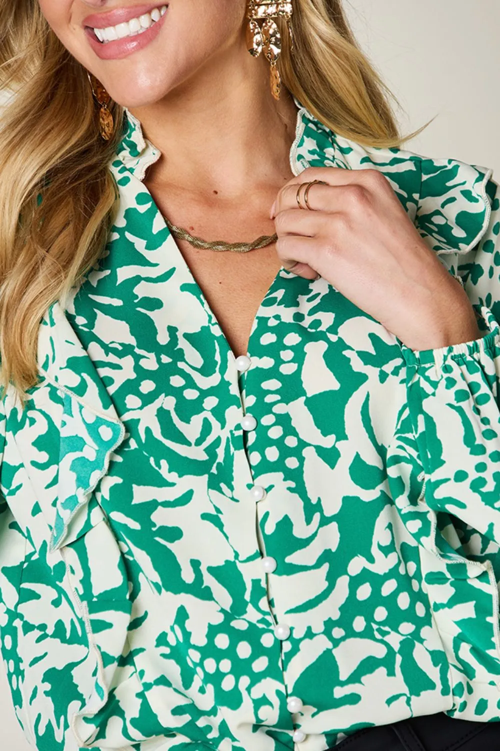 Full Size Printed Ruffle Trim Balloon Sleeve Shirt, image 18