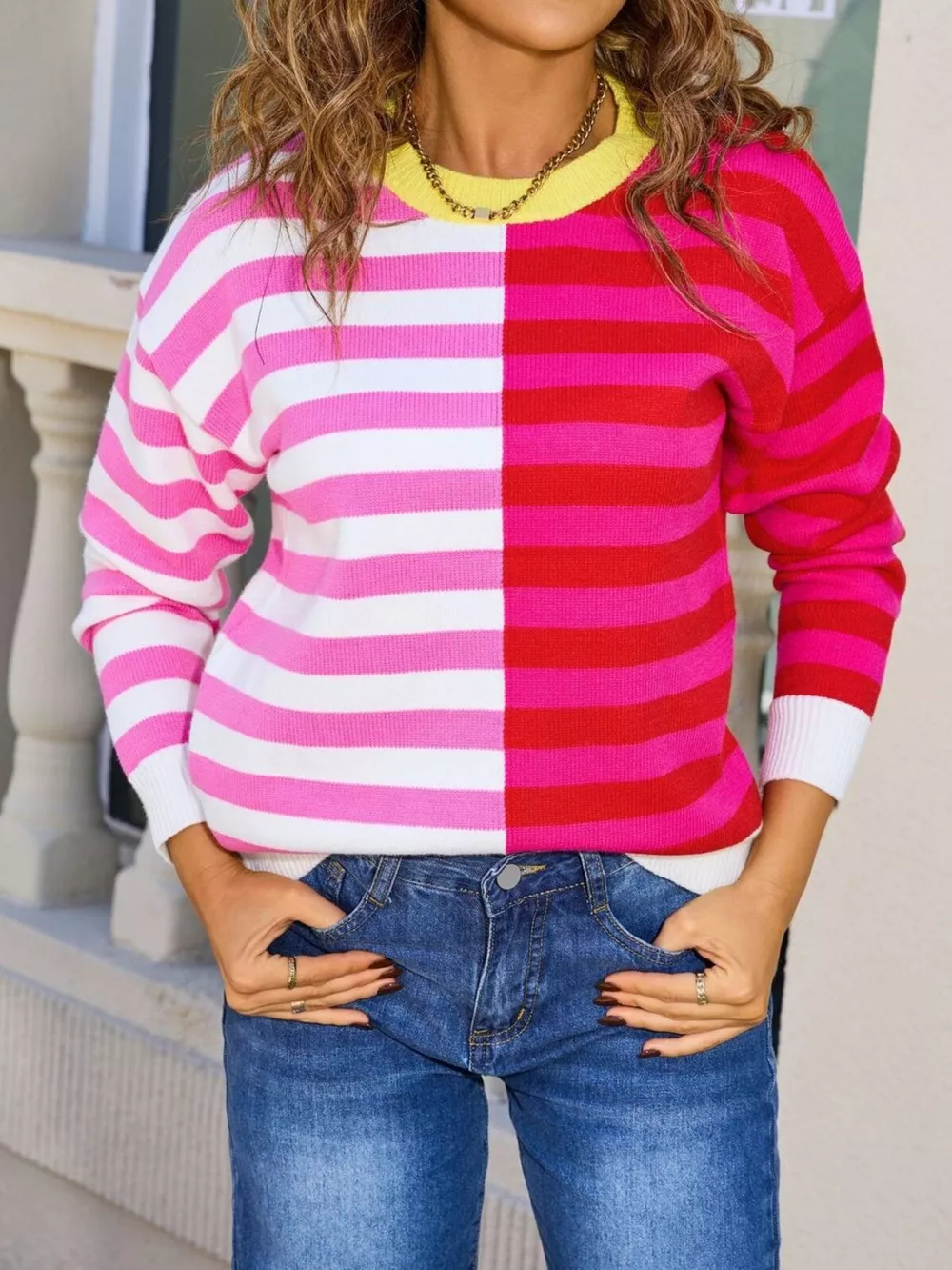 Striped Round Neck Long Sleeve Sweater, image 2