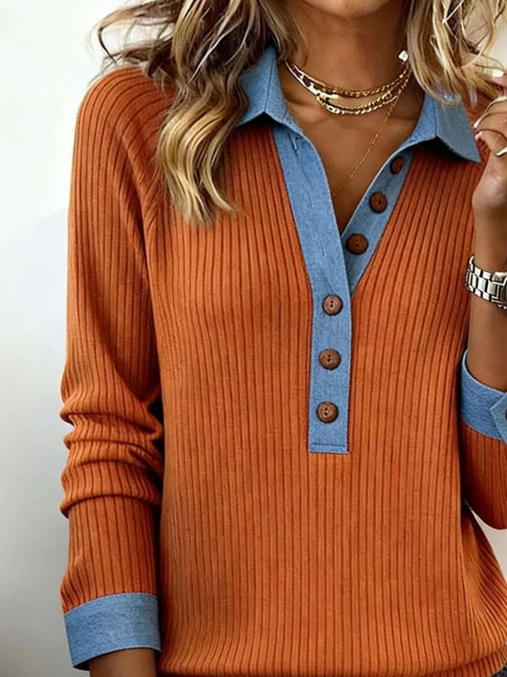 Full Size Half Button Ribbed Long Sleeve Knit Top Plus Size, image 10