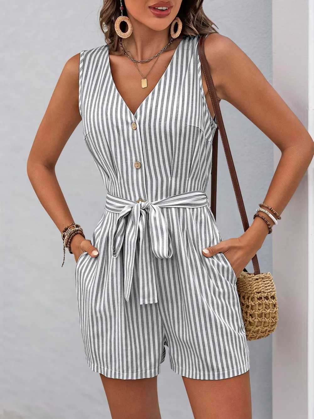 Striped V-Neck Tie Waist Romper, image 12