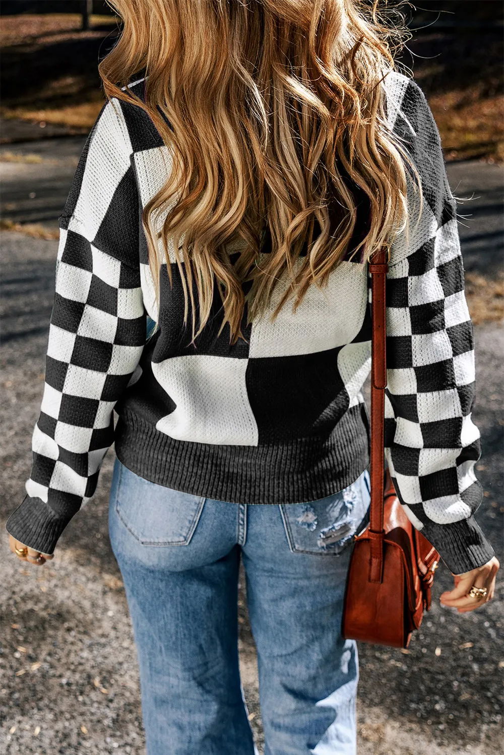Checkered Round Neck Drop Shoulder Sweater, image 14