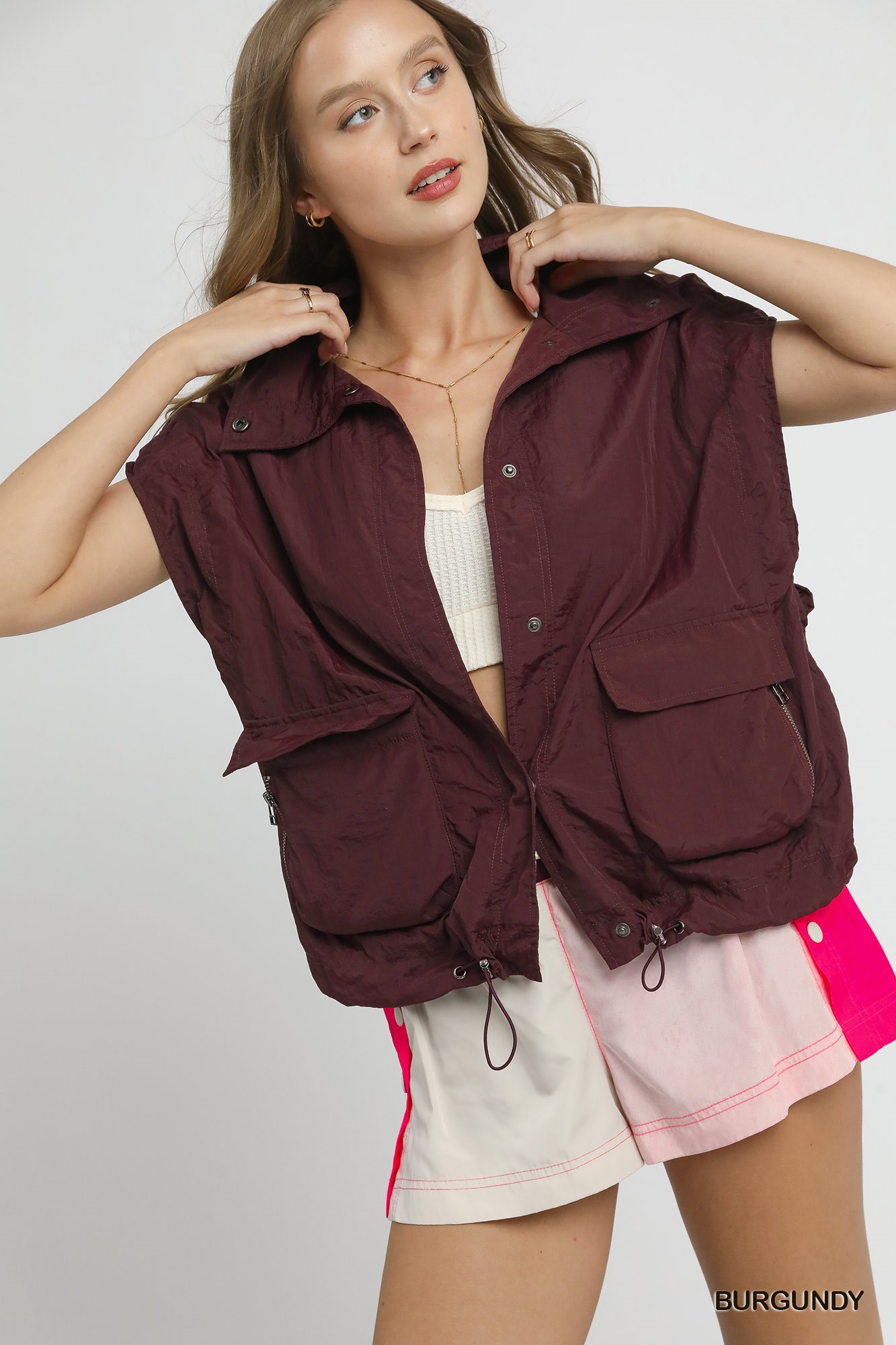 Drawstring Hem Nylon Vest with Pockets
