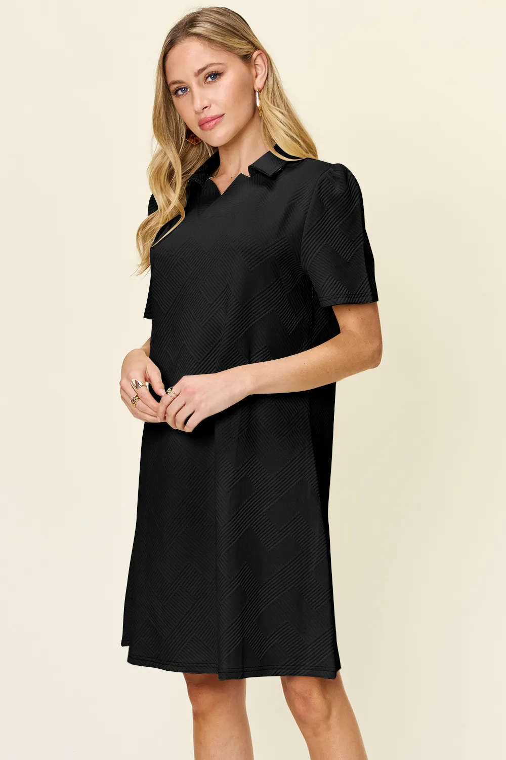 Full Size Texture Collared Neck Short Sleeve Dress, image 8
