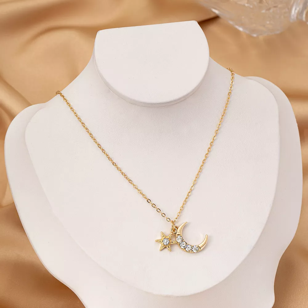 18K Gold-Plated Rhinestone Star & Moon Necklace, image 3