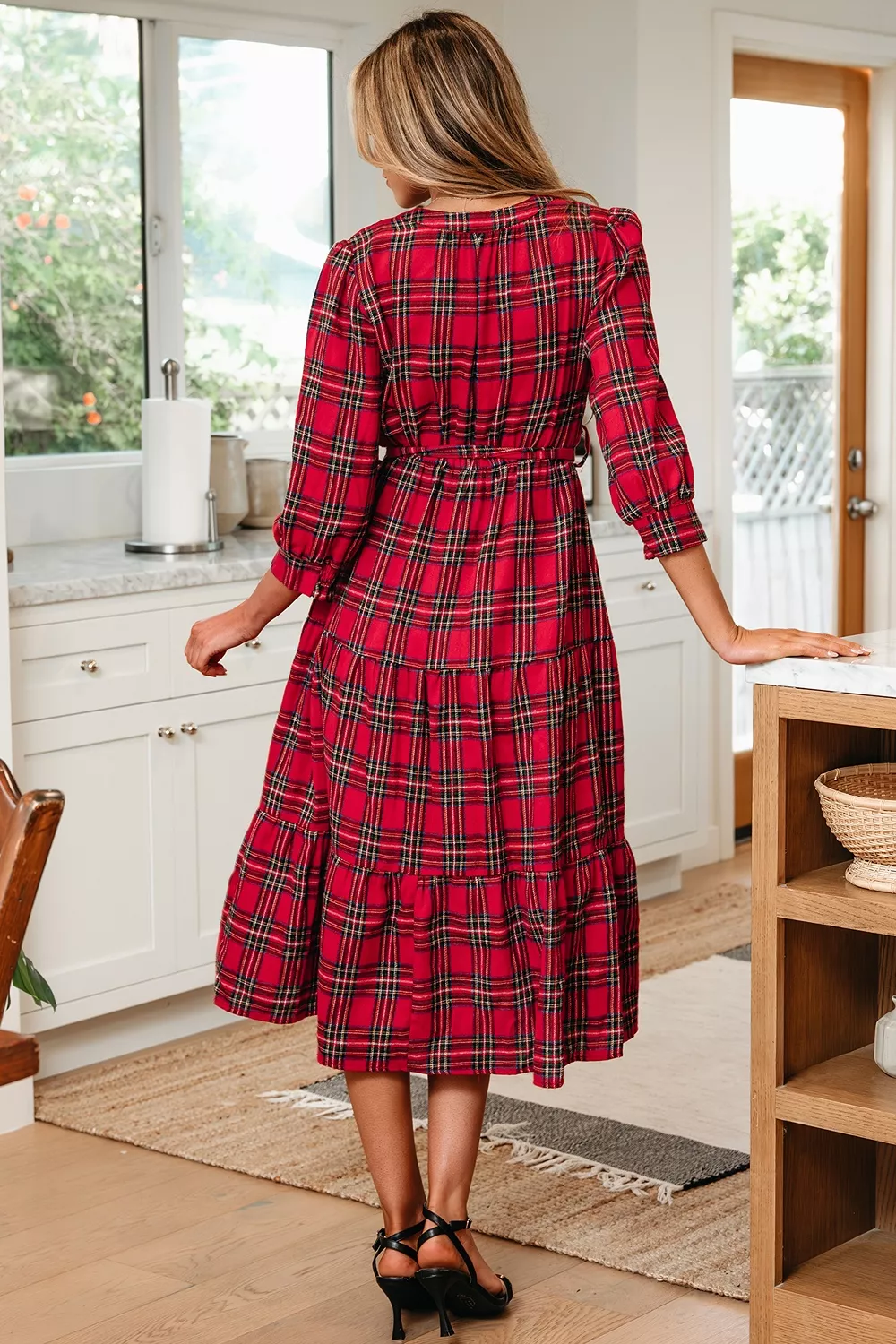 Christmas Plaid V Neck 3/4 Sleeve Tie Waist Ruffle Hem Midi Dress, image 4