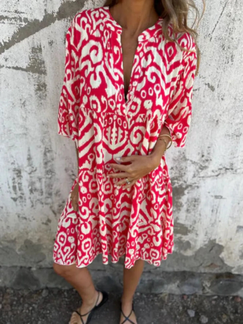Full Size Printed Notched Half Sleeve Dress Plus Size, image 6