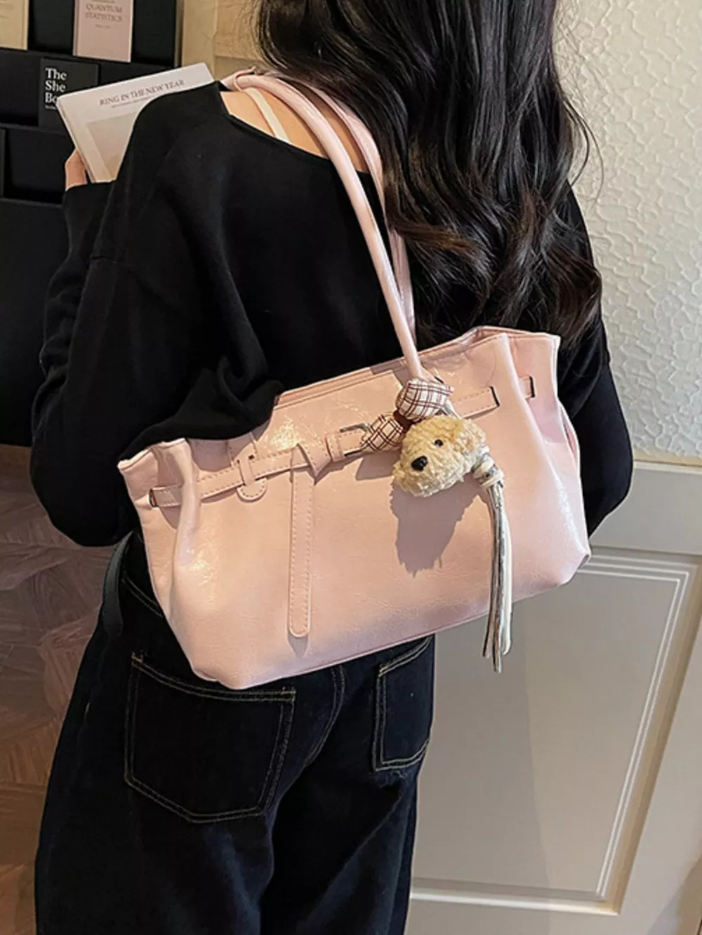 Leather Shoulder Bag with Dog Charm, image 5