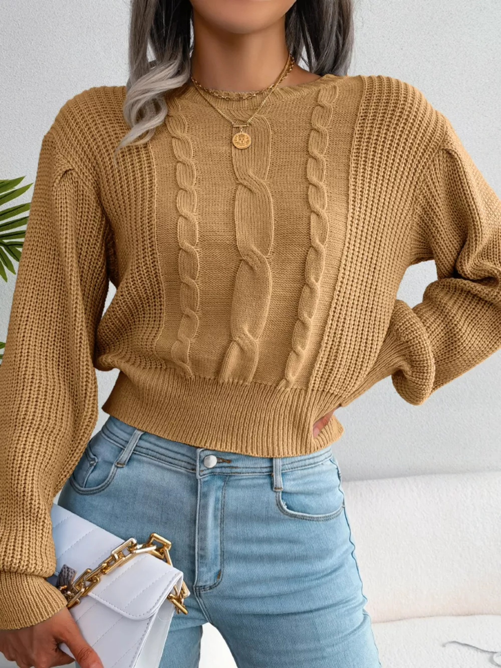 Cable Knit Round Neck Cropped Sweater, image 17
