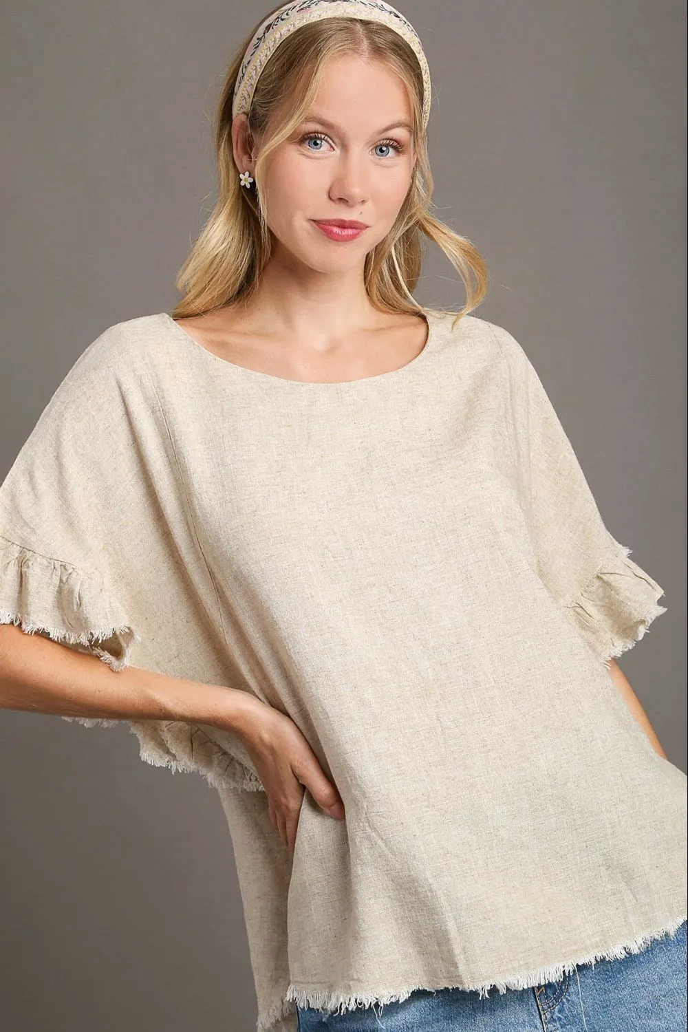 Full Size Raw Hem Ruffle Short Sleeve Blouse Plus Size