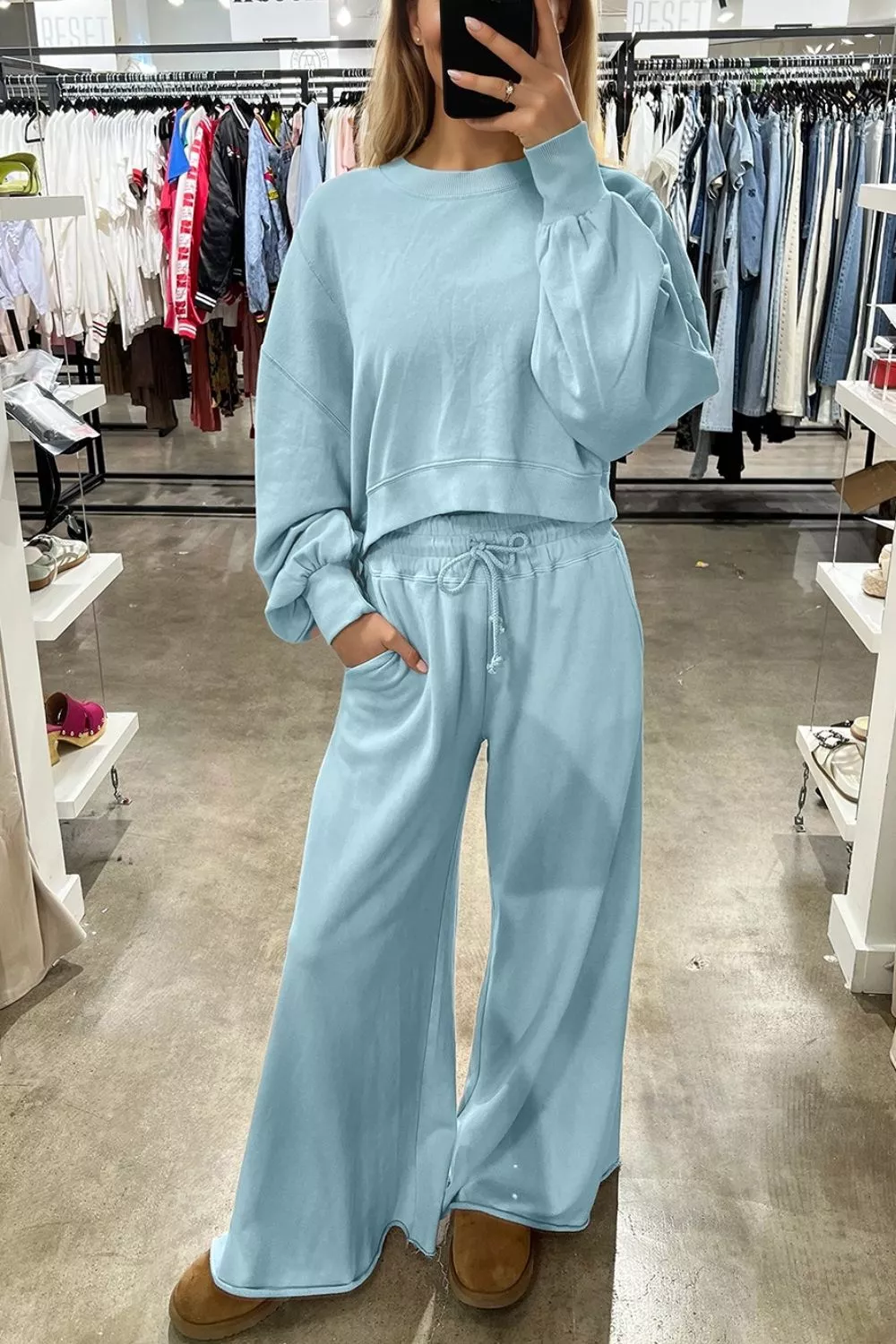 Drop Shoulder Puff Sleeve Crop Pullover Drawstring Wide Leg Pants Set, image 2