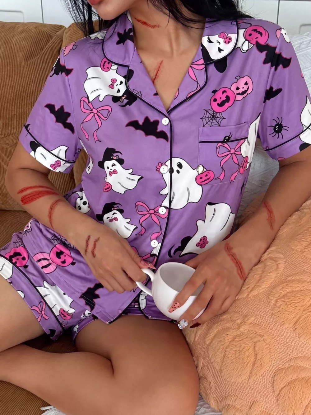 Halloween Ghost Print Button-Down Top and Shorts Lounge Set, image 10