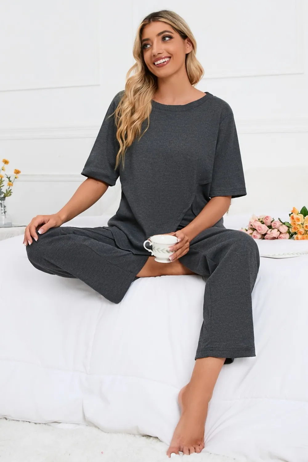 Slit Round Neck Top and Pants Lounge Set, image 5