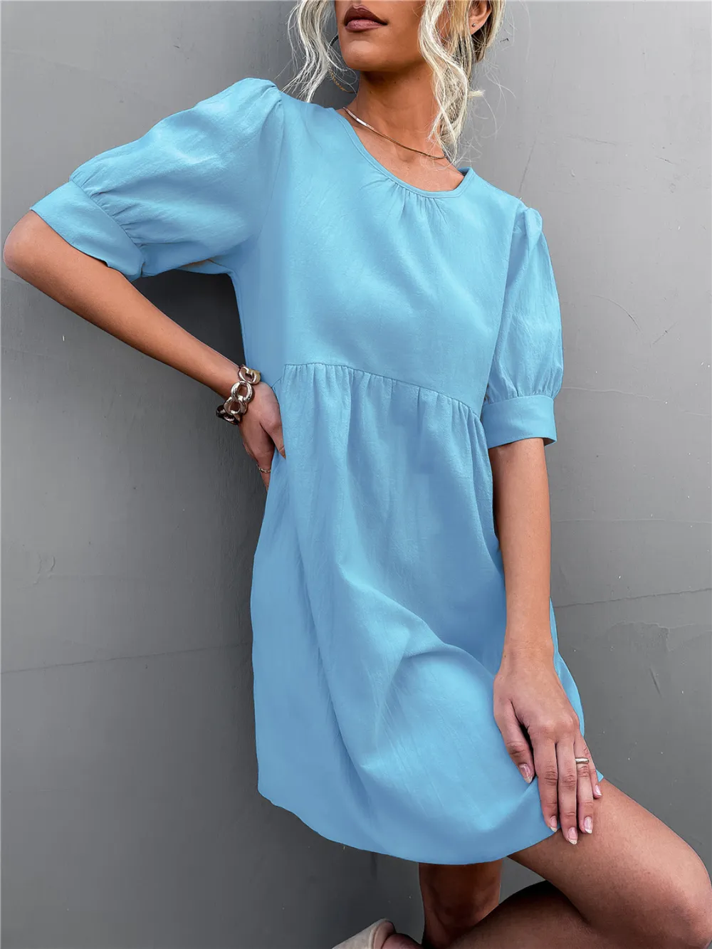 Round Neck Puff Sleeve Mini Dress, image 2