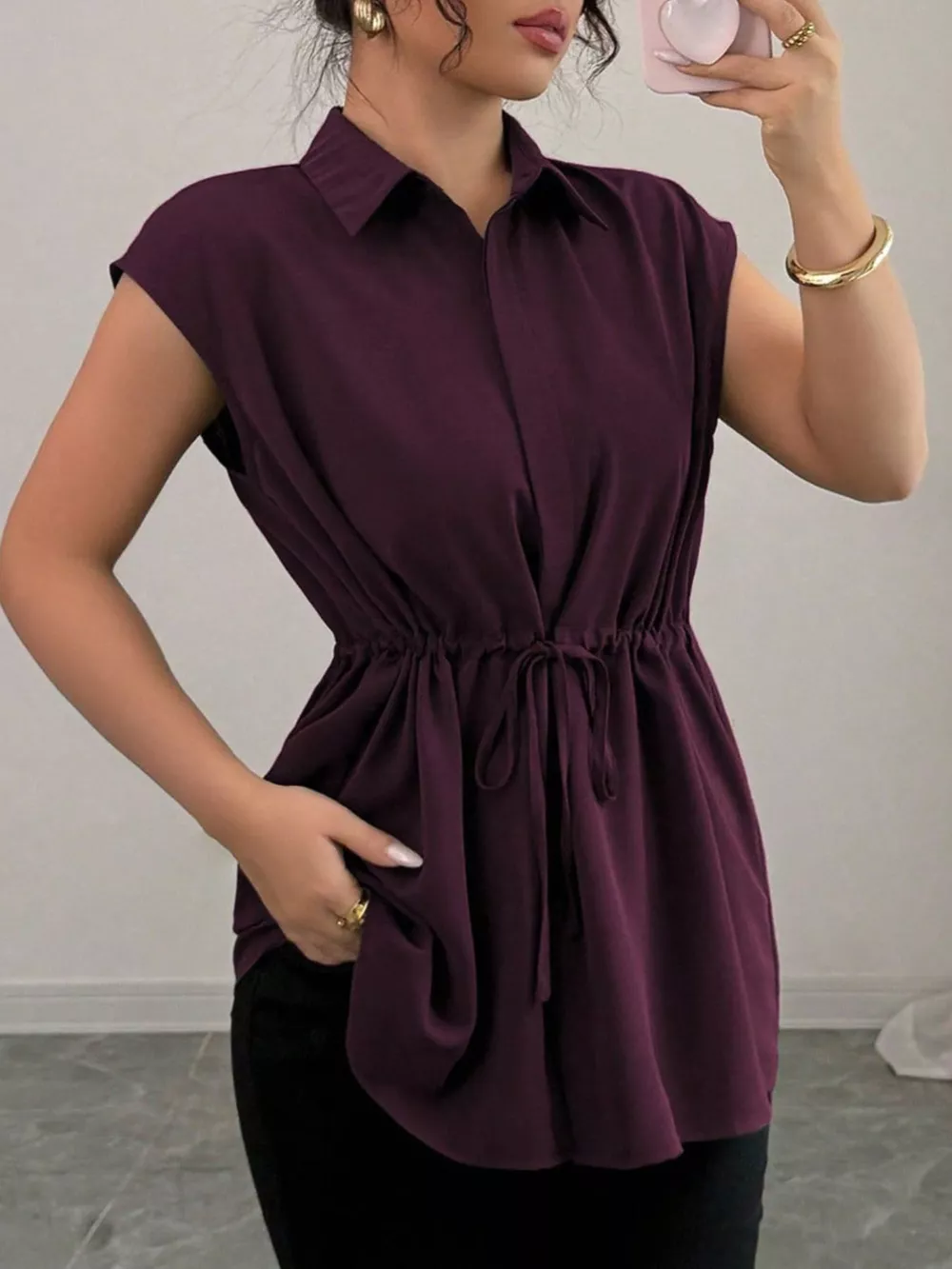 Drawstring Waist Cap Sleeve Shirt, image 16