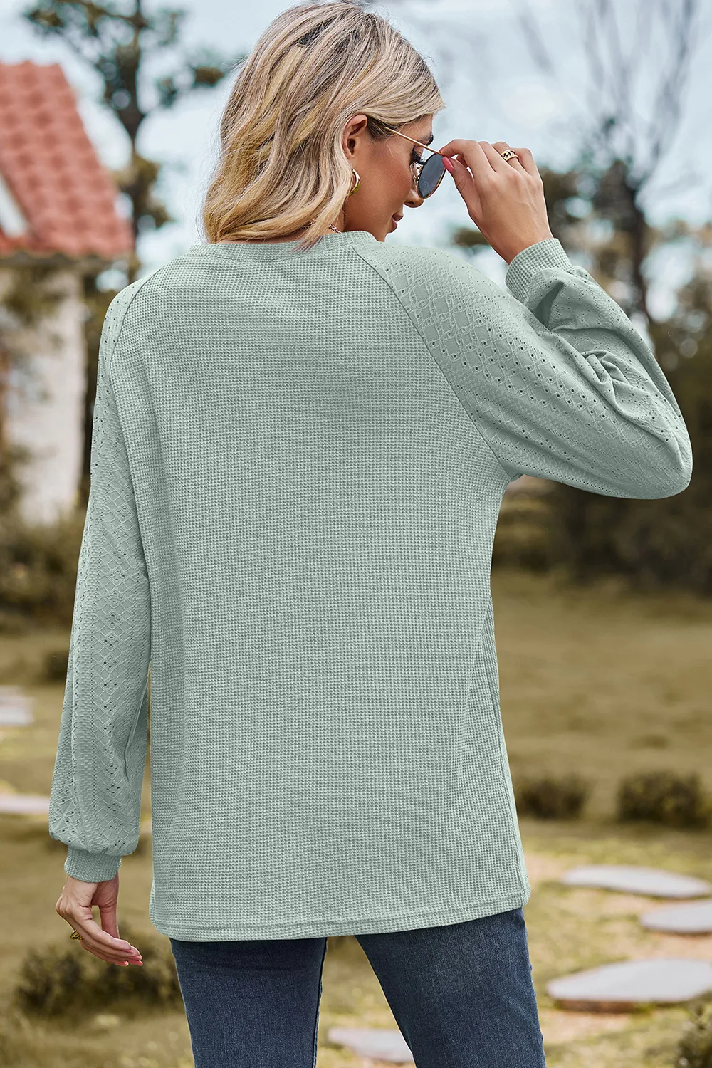 Eyelet Round Neck Long Sleeve T-Shirt, image 12