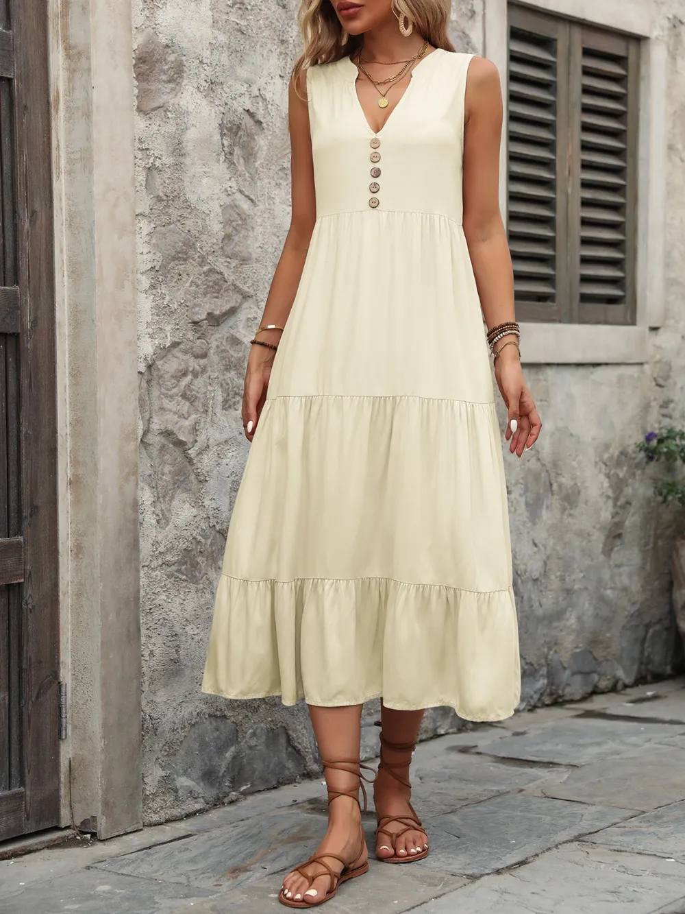 Decorative Button Notched Sleeveless Dress, image 11
