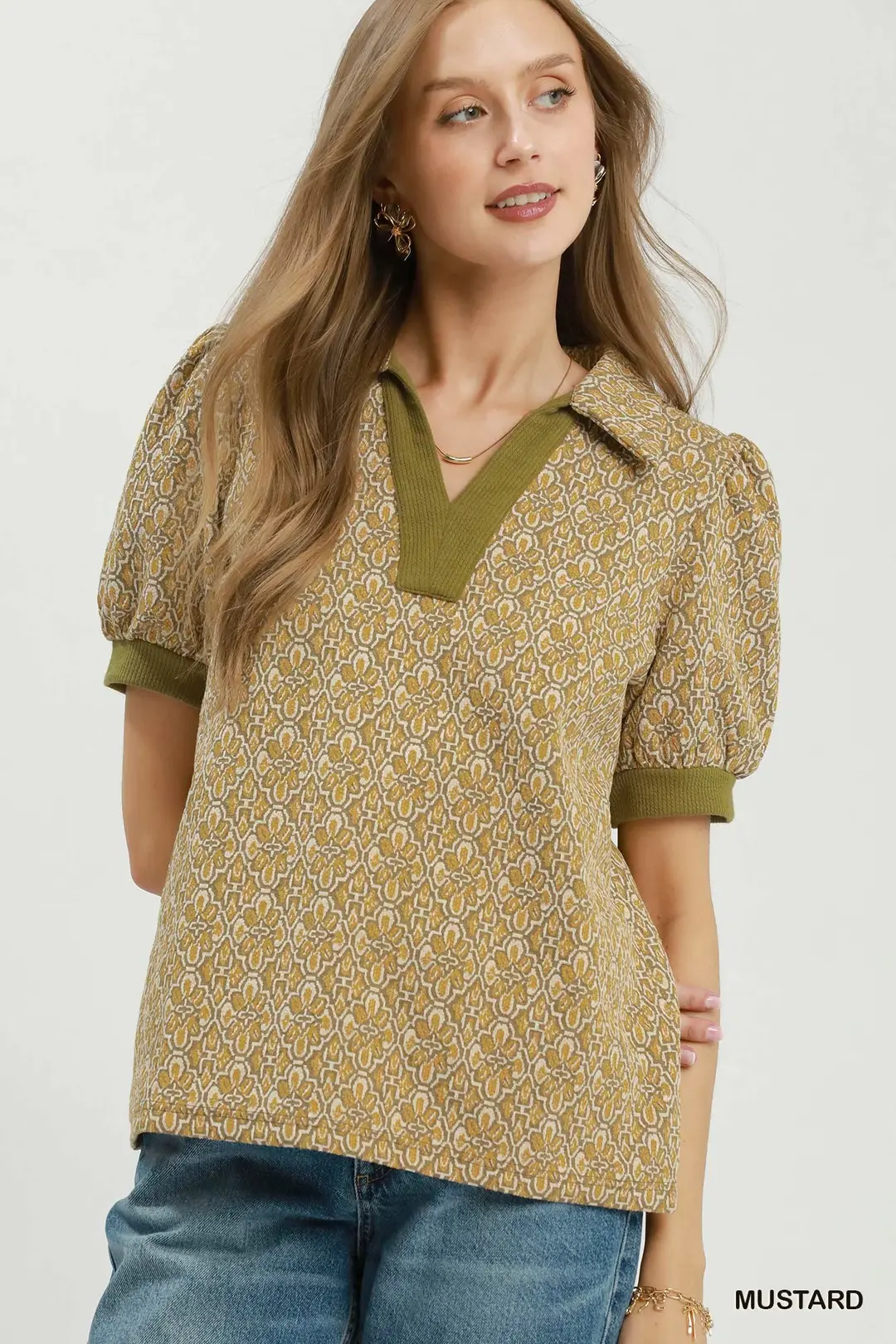 Printed Collared Puff Sleeve Top