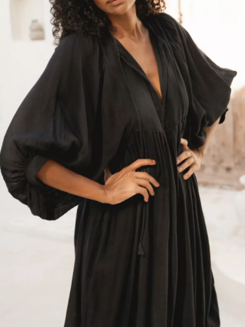 Tie Neck 3/4 Sleeve Midi Dress, image 6