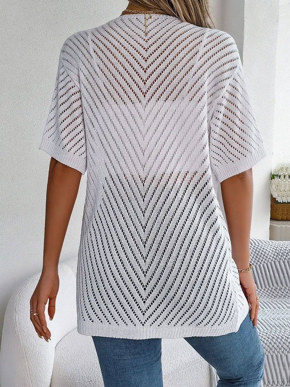 Openwork Open Front Half Sleeve Cardigan, image 10
