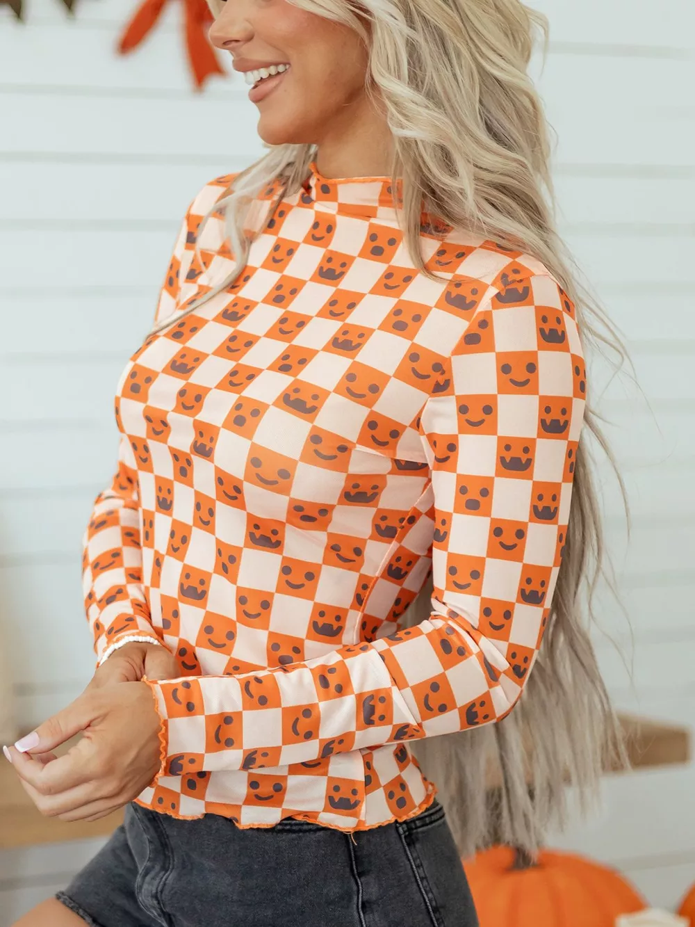 Abstract Halloween Pattern Long Sleeve Mock Neck Blouse, image 4
