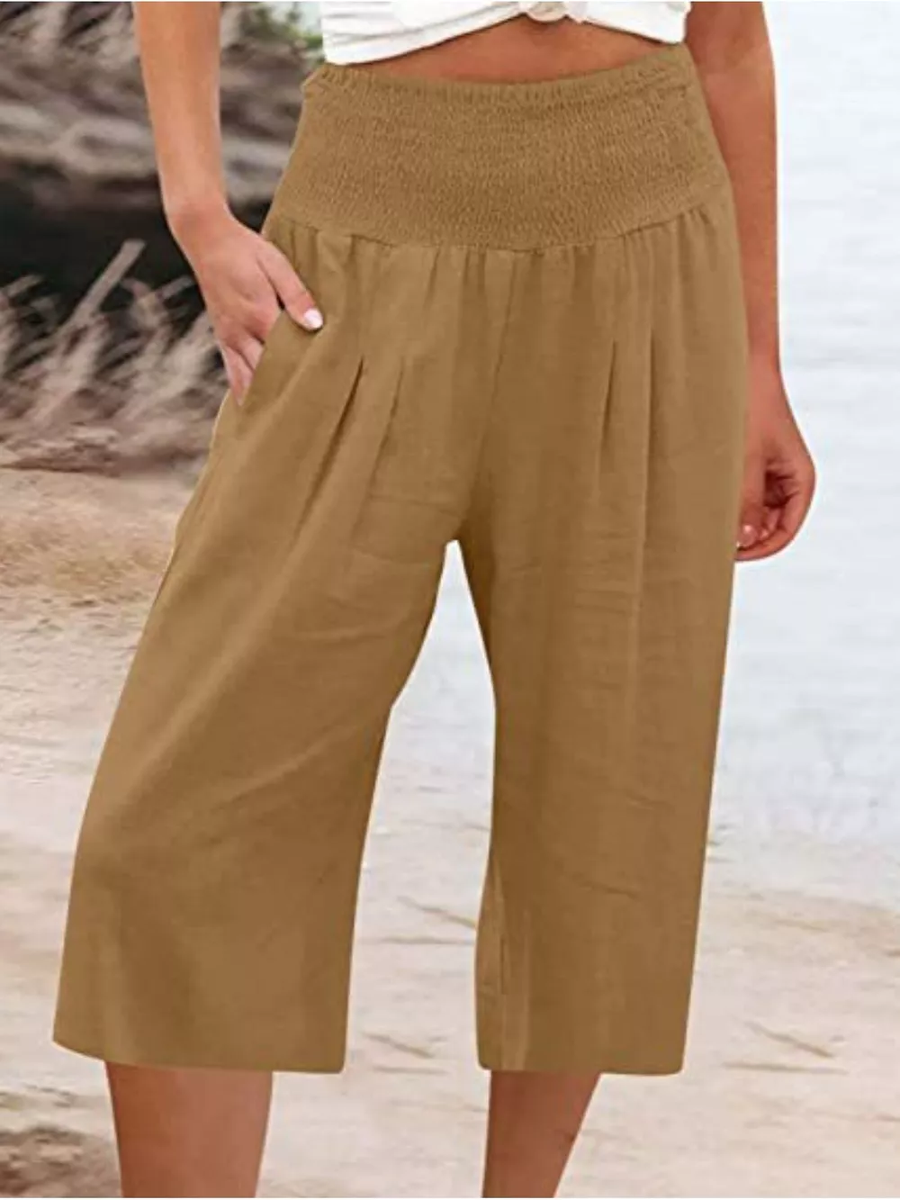 Smocked Wide-Leg Capri Pants, image 22