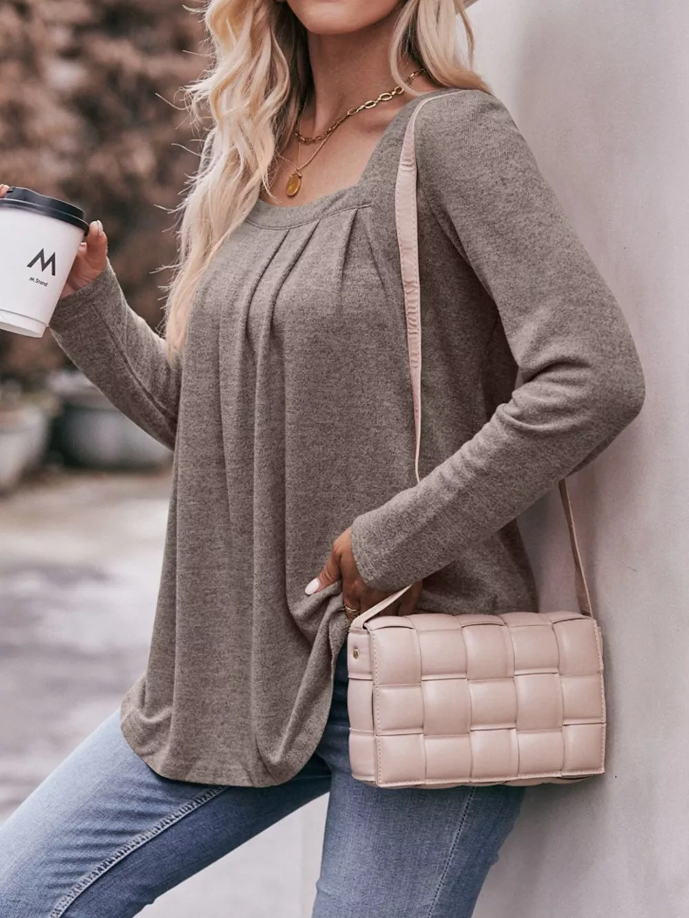Pleated Square Neck Long Sleeve T-Shirt, image 11