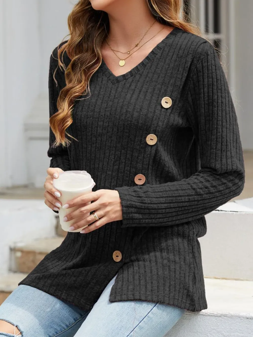 V-Neck Long Sleeve T-Shirt, image 13