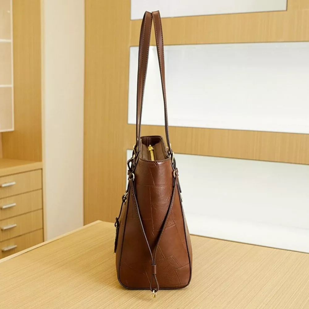 Patchwork Leather Tote Bag with Gold Logo Charm, image 10