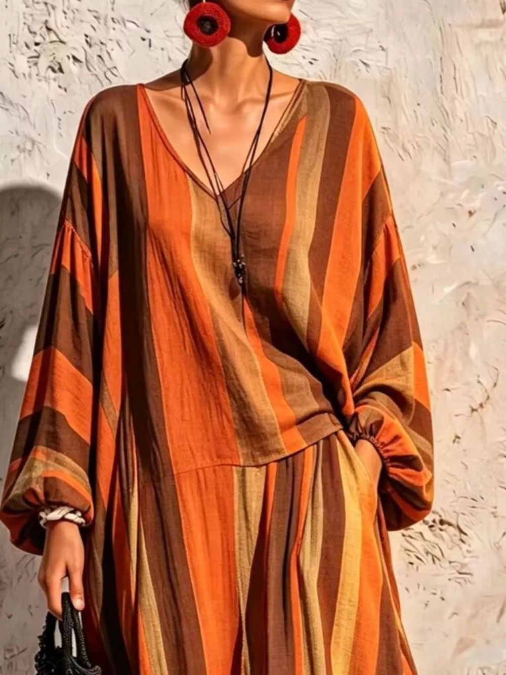 Bohemian Striped V-Neck Loose Top and Wide Leg Pants Set, image 8