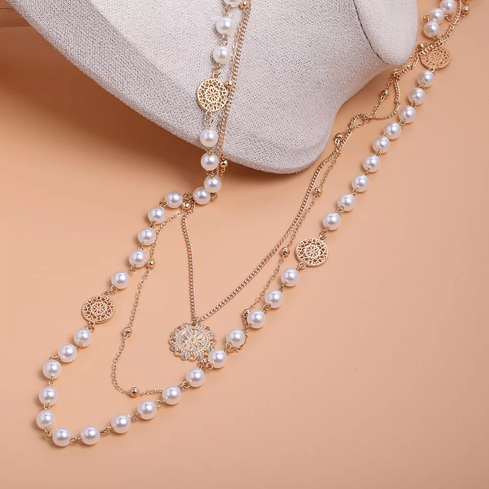 Multi-Layered Pearl and Coin Pendant Necklace, image 6