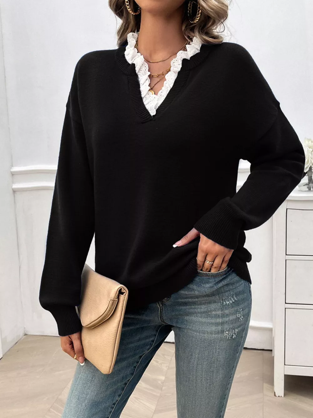 Lace Trim Notched Long Sleeve Sweater