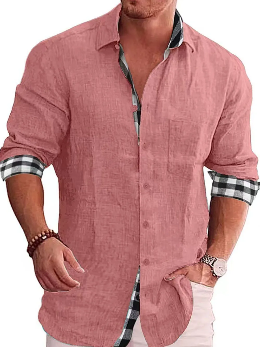 Men's Full Size Casual Linen Plaid-Trim Button Down Shirt Plus Size, image 8